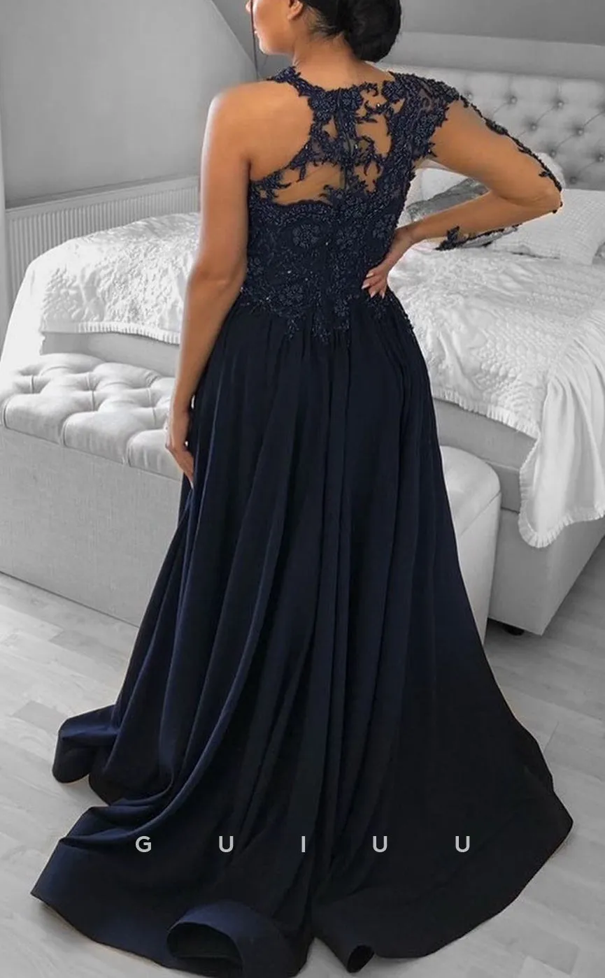 G2764 - Chic & Modern A-Line Beaded Applique One Shoulder Long Prom Evening Dress