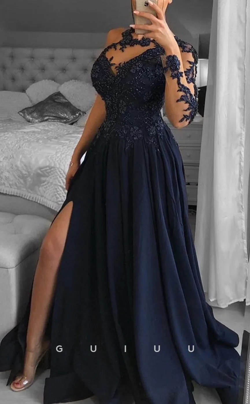 G2764 - Chic & Modern A-Line Beaded Applique One Shoulder Long Prom Evening Dress