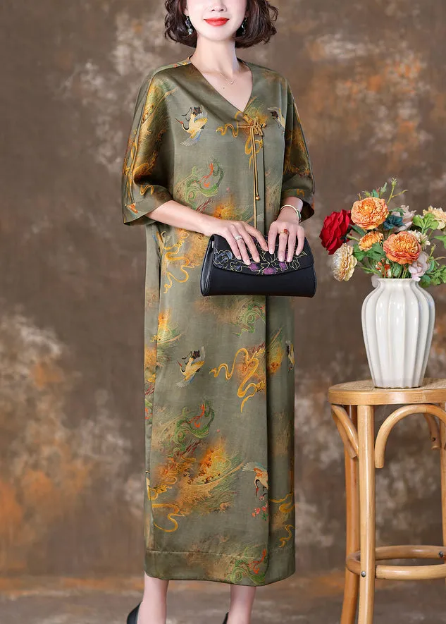 Green Print Pockets Silk Dresses V Neck Half Sleeve OP1071