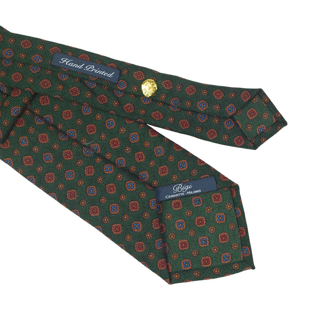 Green wool challis tie, blue & red neat print