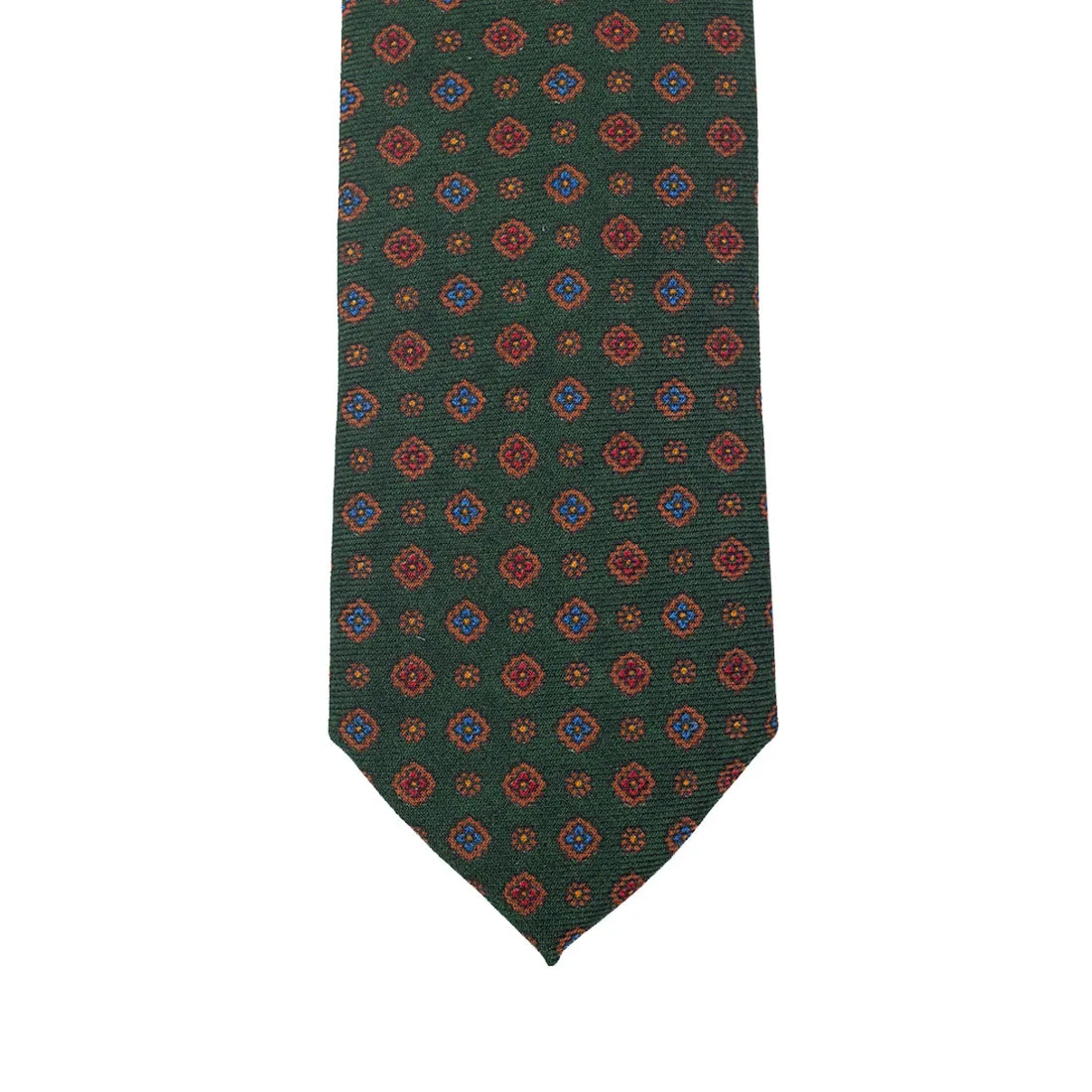 Green wool challis tie, blue & red neat print