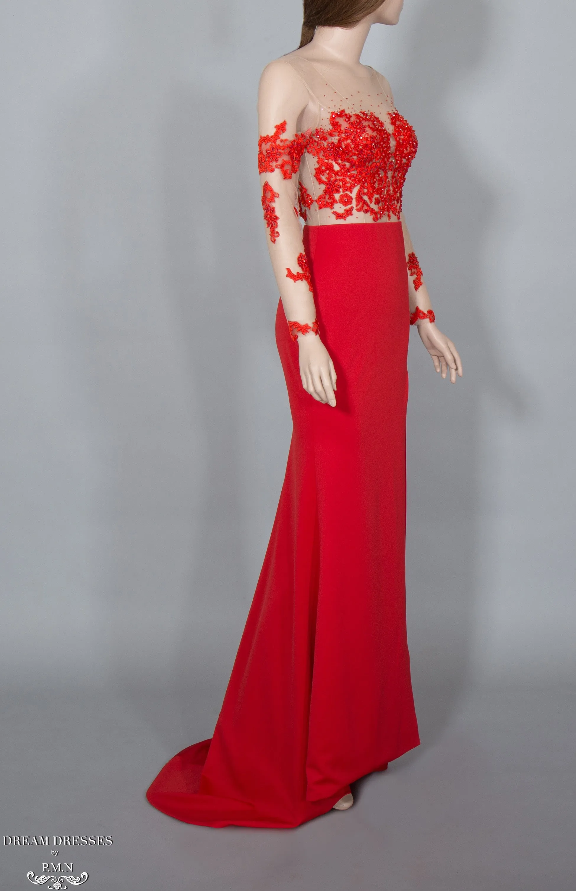 illusion Red Lace Gown (#Elaine)