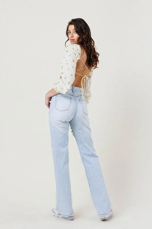 Light Stone Distressed Wide Leg Jeans