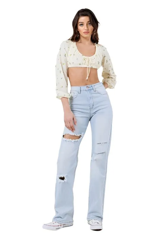 Light Stone Distressed Wide Leg Jeans