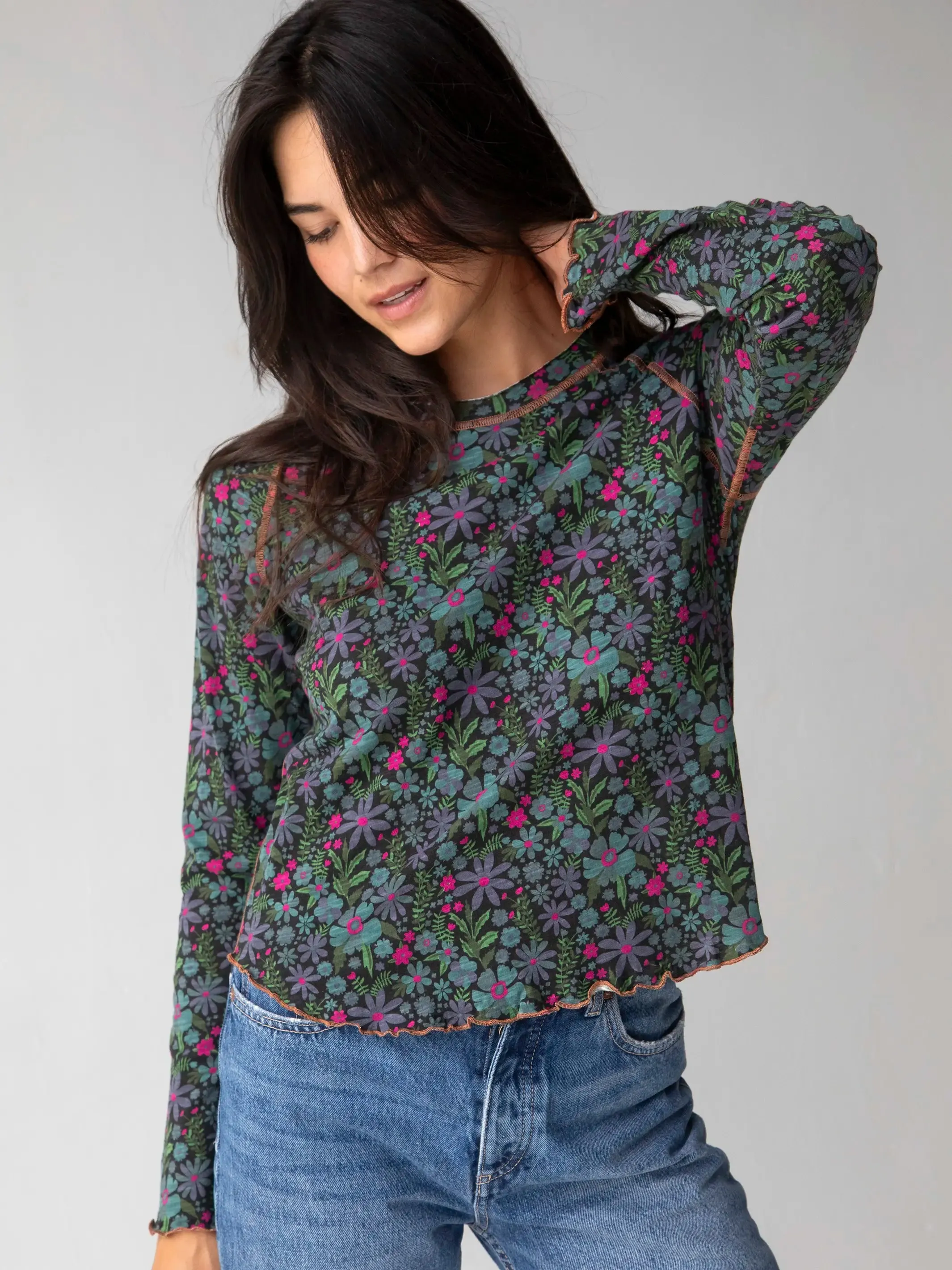 Lily Knit Cotton Long Sleeve Tee Shirt - Dark Blue Garden