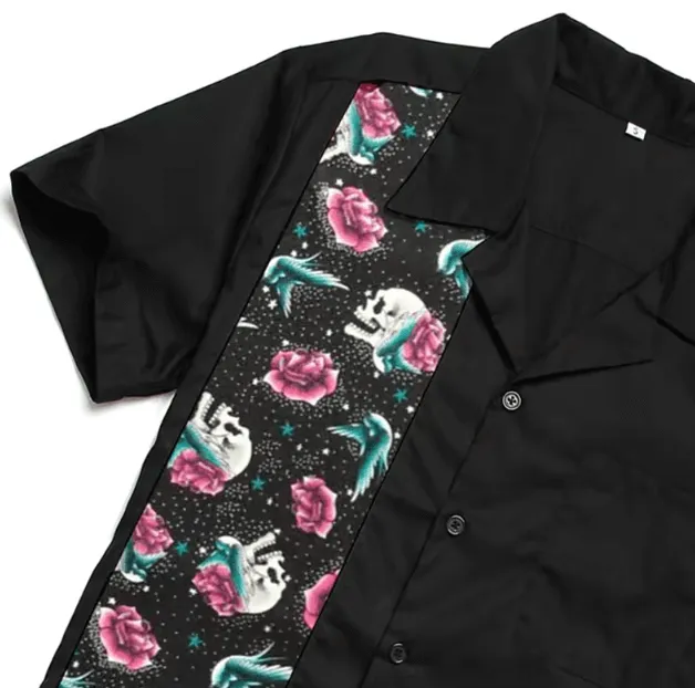 Mens Vintage Style Bowling Dress Shirt - Skulls & Swallows