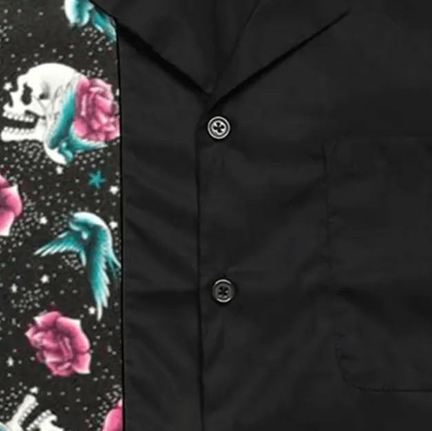 Mens Vintage Style Bowling Dress Shirt - Skulls & Swallows