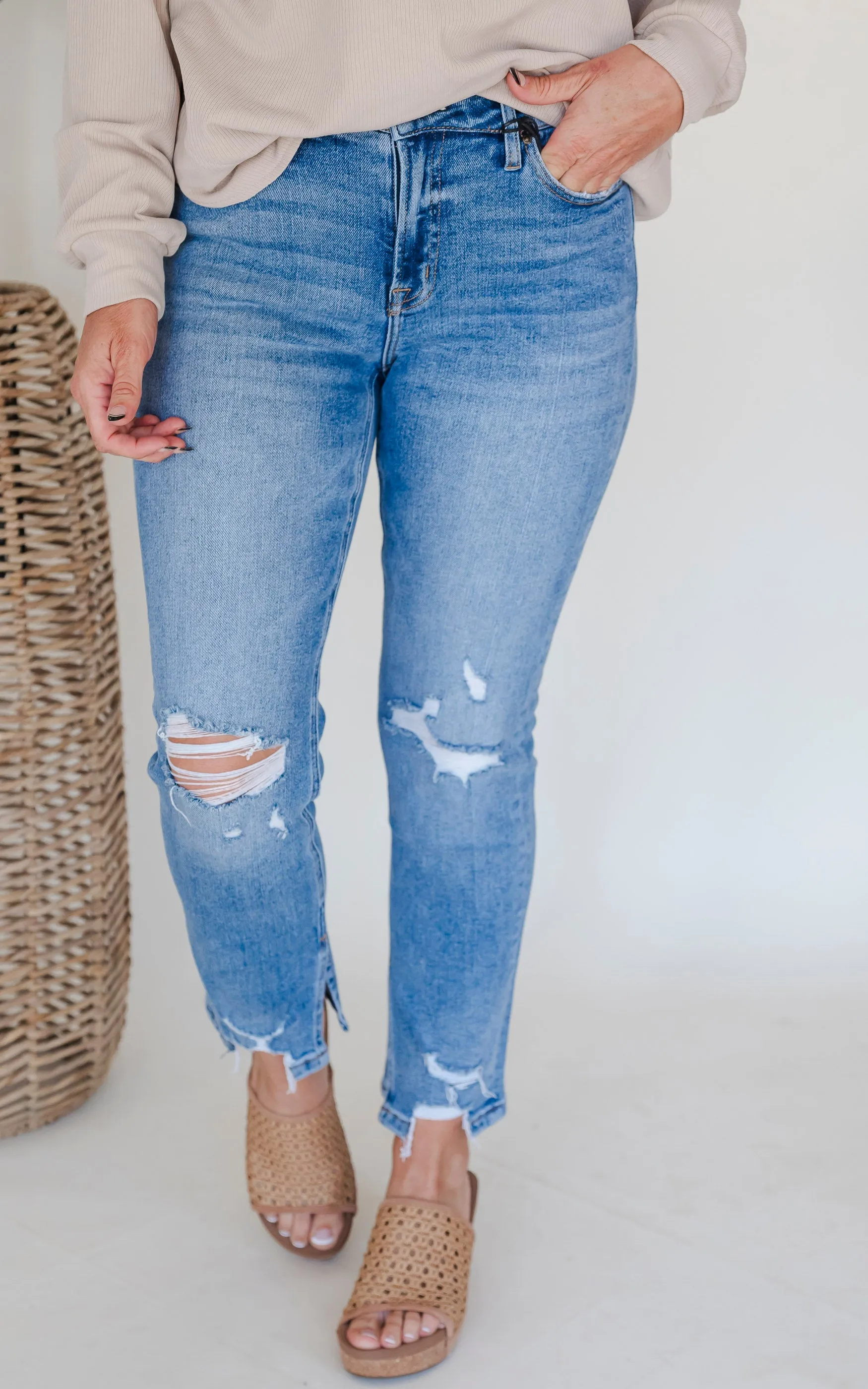 MICA | The Regina High Rise Ankle Straight w/ Side Slit Denim Jeans*