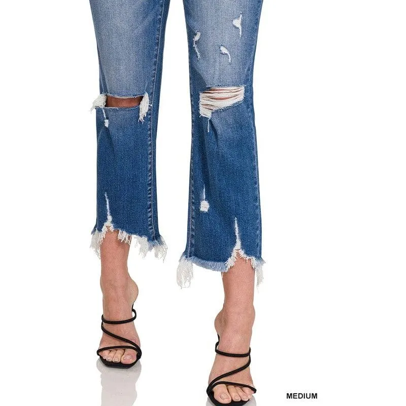 Mid-rise Distressed Bootcut Cropped Denim Pants