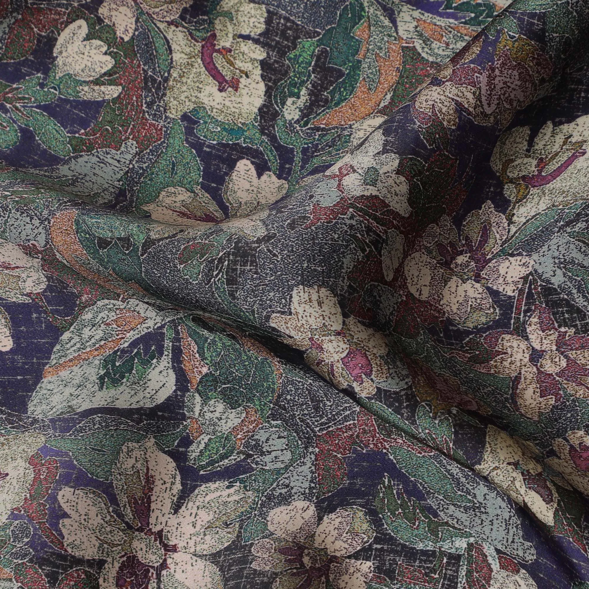 Mystic Dark Floral Modal Satin Fabric - 110 cm Width, Rich Textured Material from India-D19223