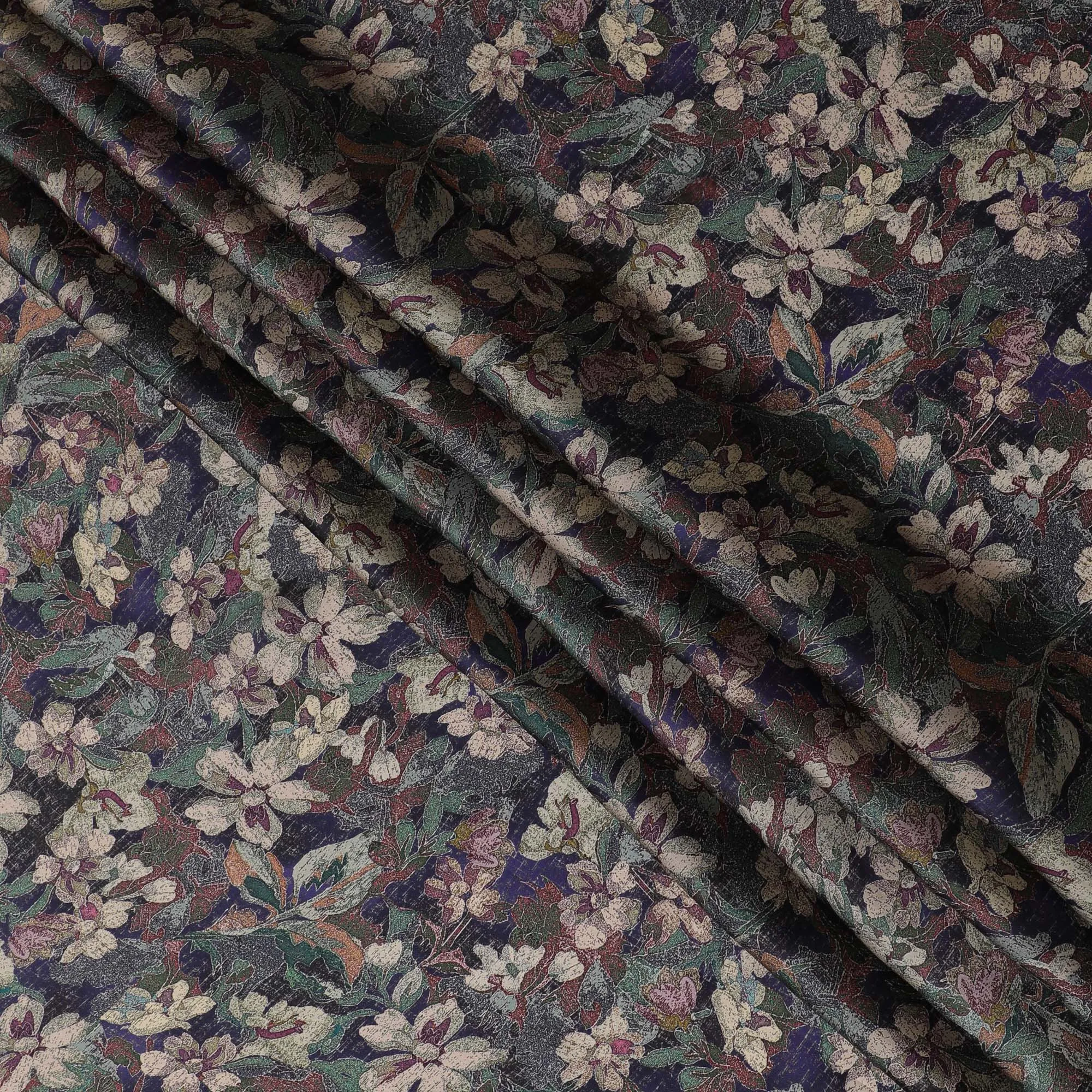 Mystic Dark Floral Modal Satin Fabric - 110 cm Width, Rich Textured Material from India-D19223