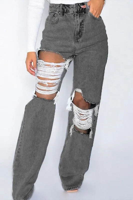 PA016 Ripped Cutout Straight Jeans