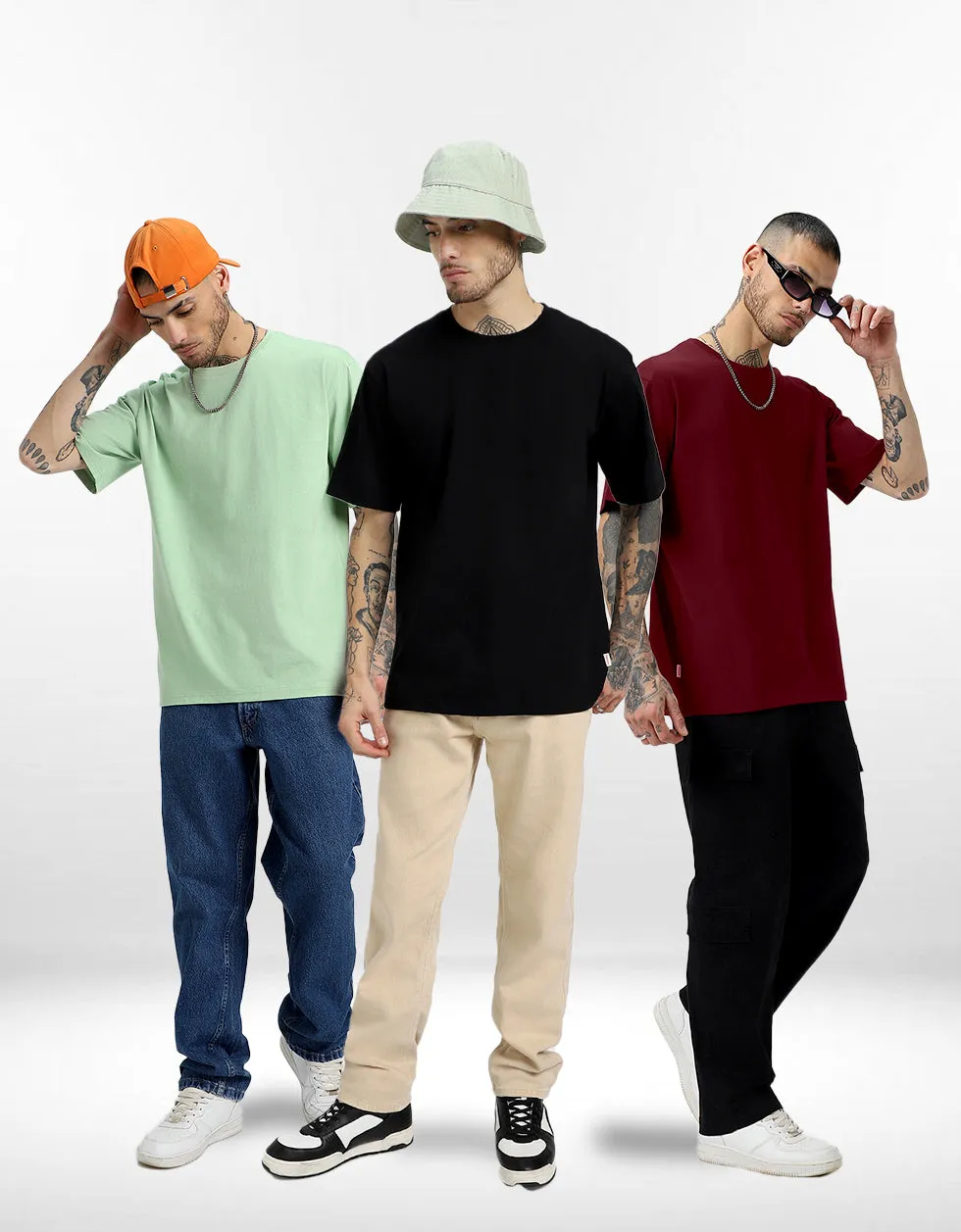 Pack of 3 Oversized Tees: Black & Maroon & Foggreen