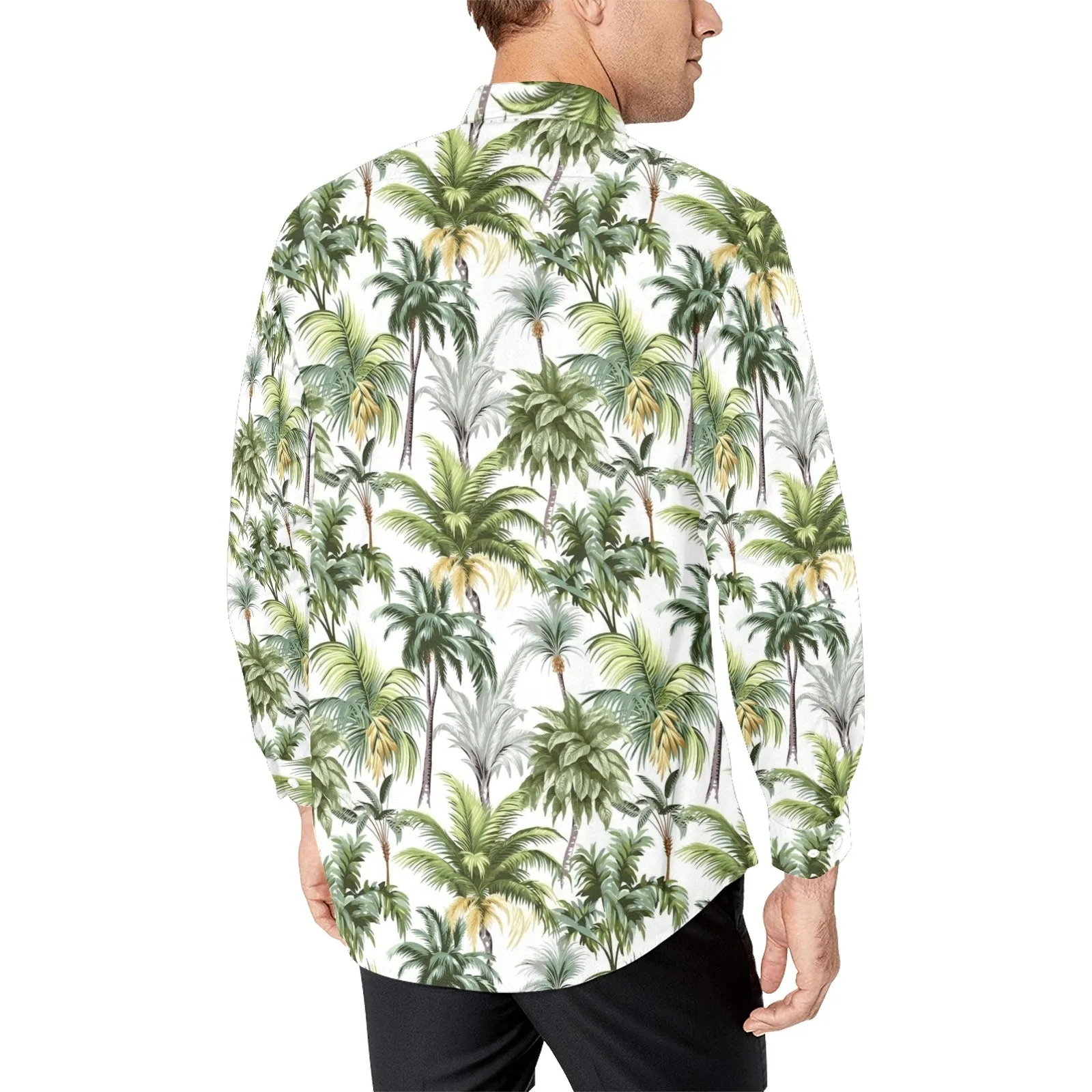 Palm Trees Leaves Long Sleeve Men Button Up Shirt, Green Tropical Summer Print Dress Buttoned Collar Casual Dress Shirt with Chest Pocket