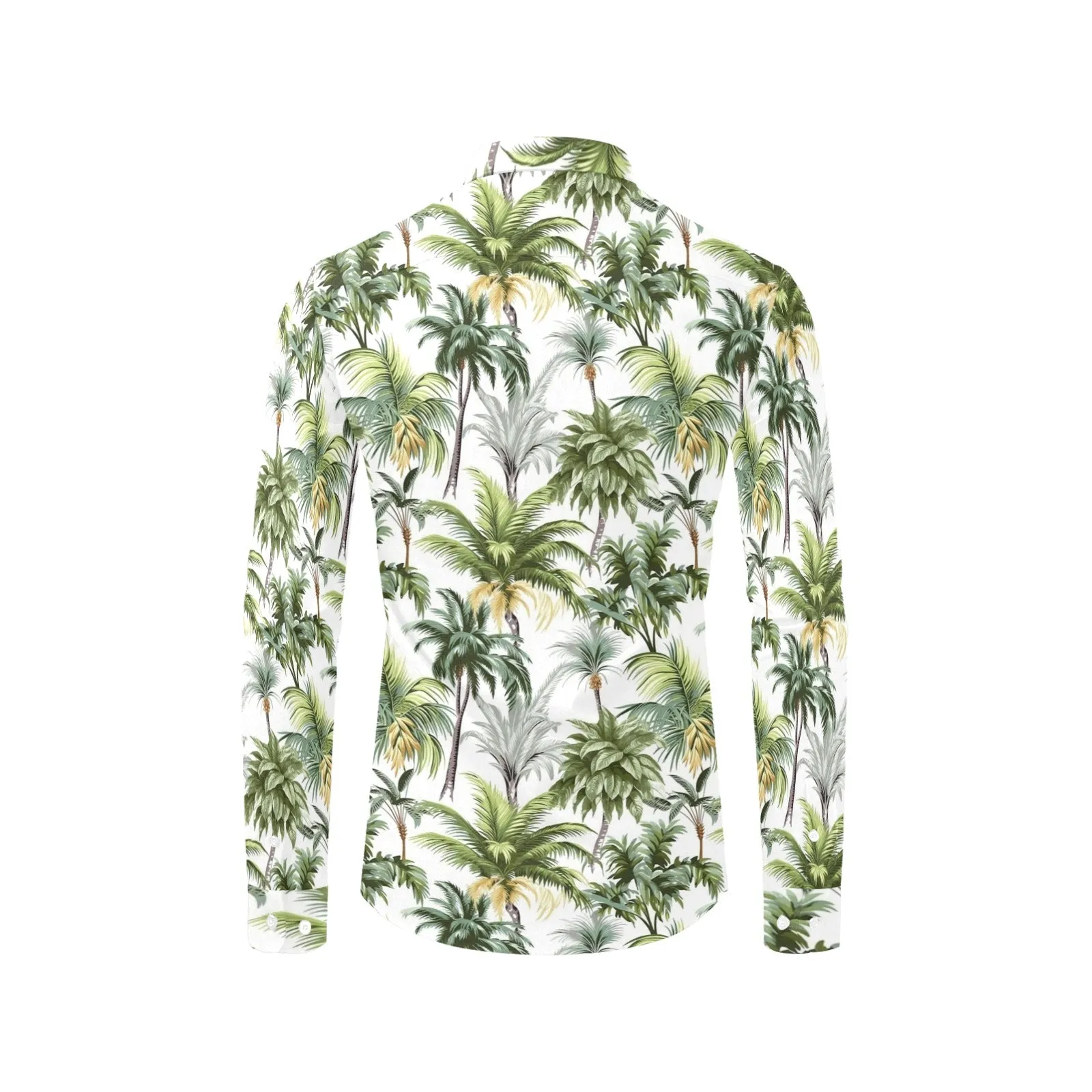 Palm Trees Leaves Long Sleeve Men Button Up Shirt, Green Tropical Summer Print Dress Buttoned Collar Casual Dress Shirt with Chest Pocket