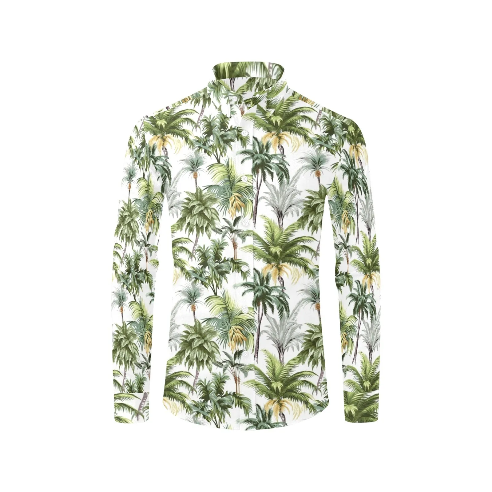 Palm Trees Leaves Long Sleeve Men Button Up Shirt, Green Tropical Summer Print Dress Buttoned Collar Casual Dress Shirt with Chest Pocket