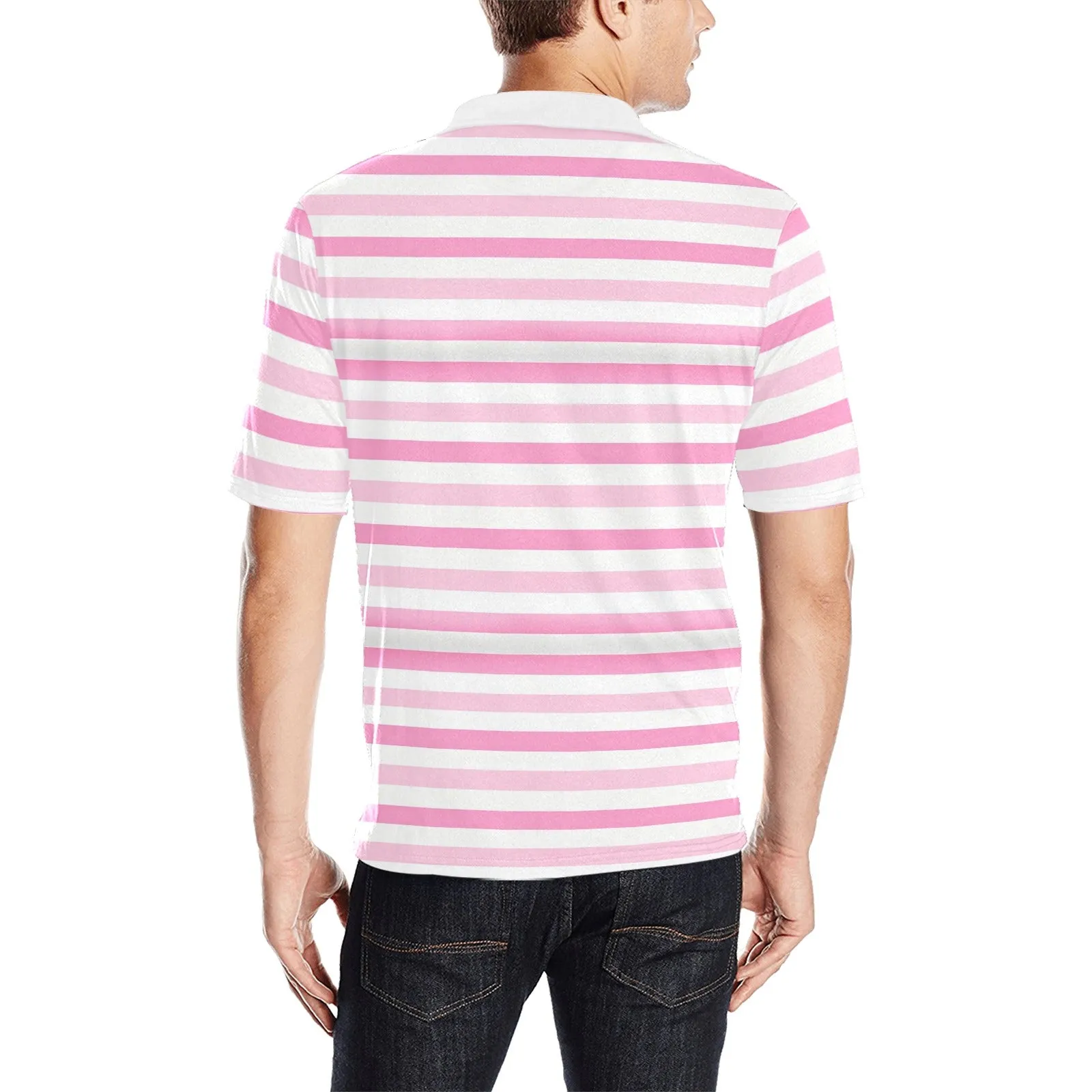 Pink White Striped Men Polo Shirt, Fun 90s Vintage Stripe Short Sleeve Classic Collared Button Down Up Rugby Golf Polo Gift Him Tee