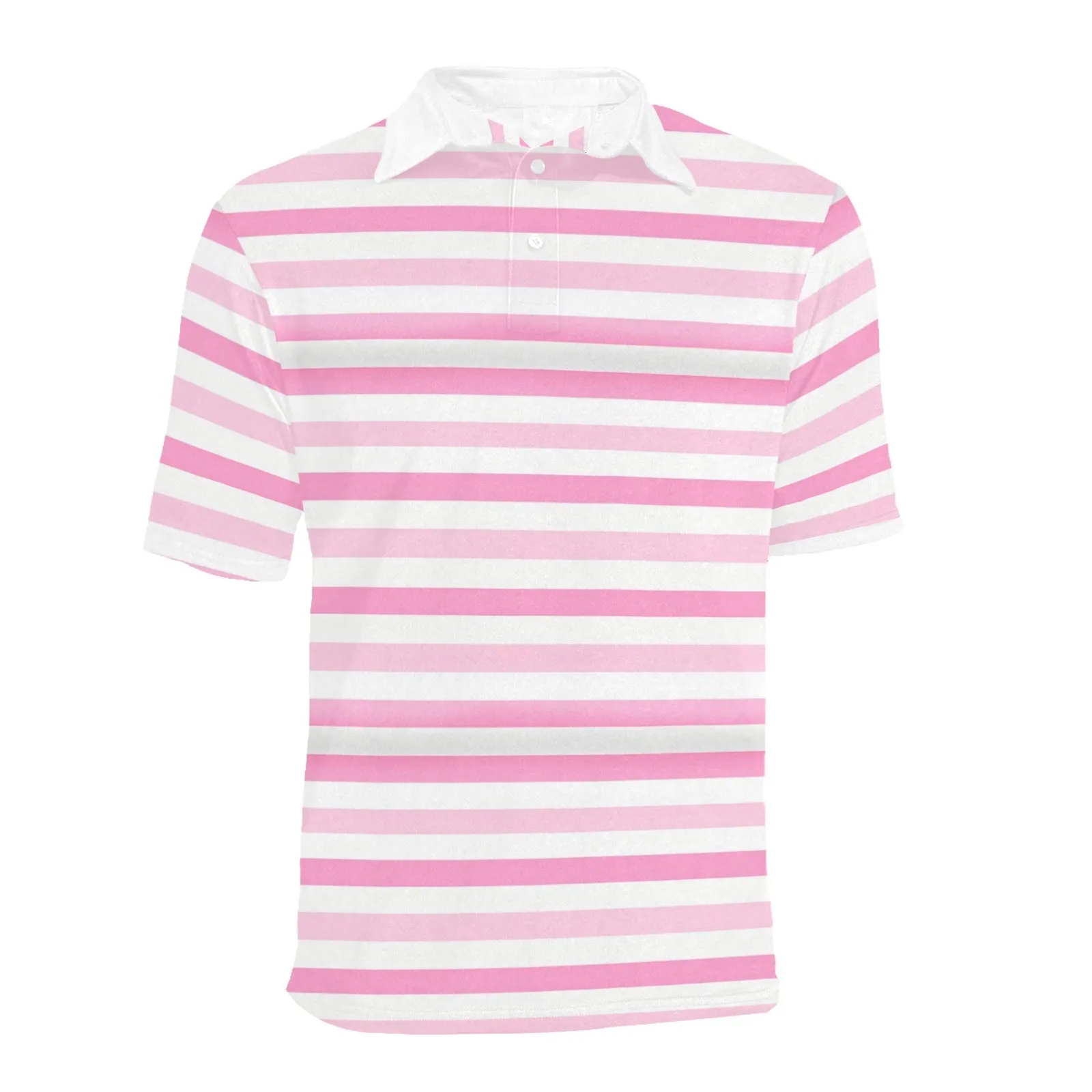 Pink White Striped Men Polo Shirt, Fun 90s Vintage Stripe Short Sleeve Classic Collared Button Down Up Rugby Golf Polo Gift Him Tee