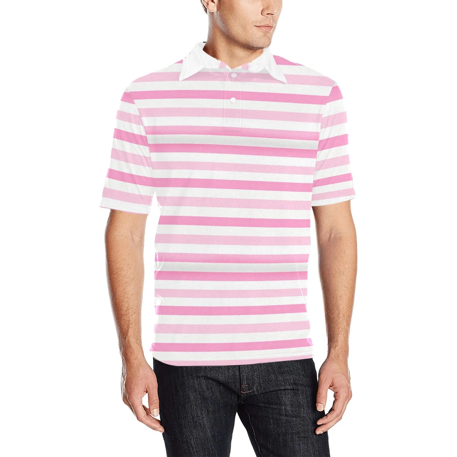 Pink White Striped Men Polo Shirt, Fun 90s Vintage Stripe Short Sleeve Classic Collared Button Down Up Rugby Golf Polo Gift Him Tee