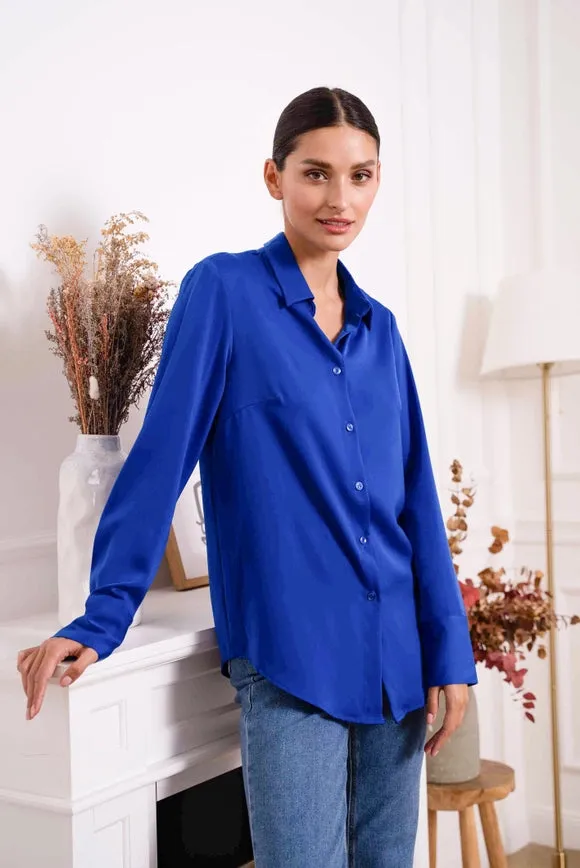 Plain Satin Shirt with Lapel Collar Royal Blue