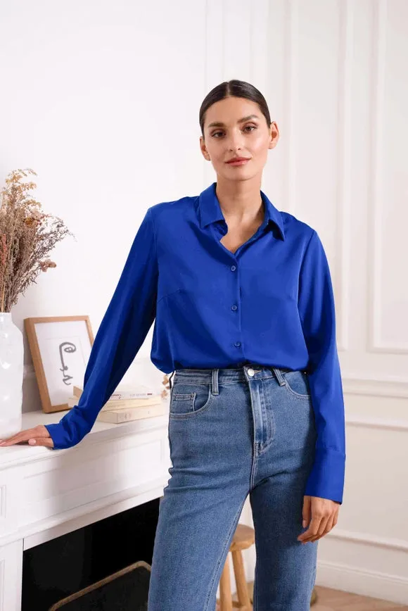 Plain Satin Shirt with Lapel Collar Royal Blue