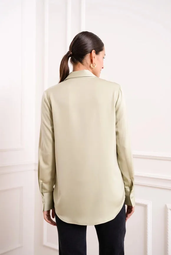 Plain Satin Shirt with Lapel Collar Water Green