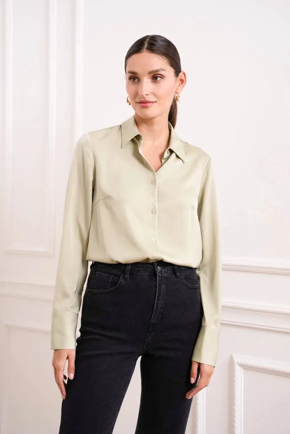 Plain Satin Shirt with Lapel Collar Water Green