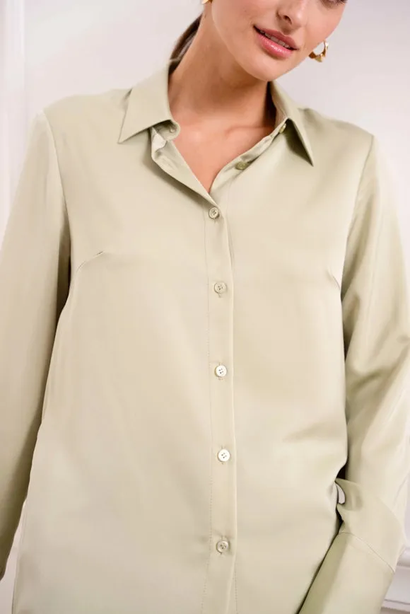 Plain Satin Shirt with Lapel Collar Water Green