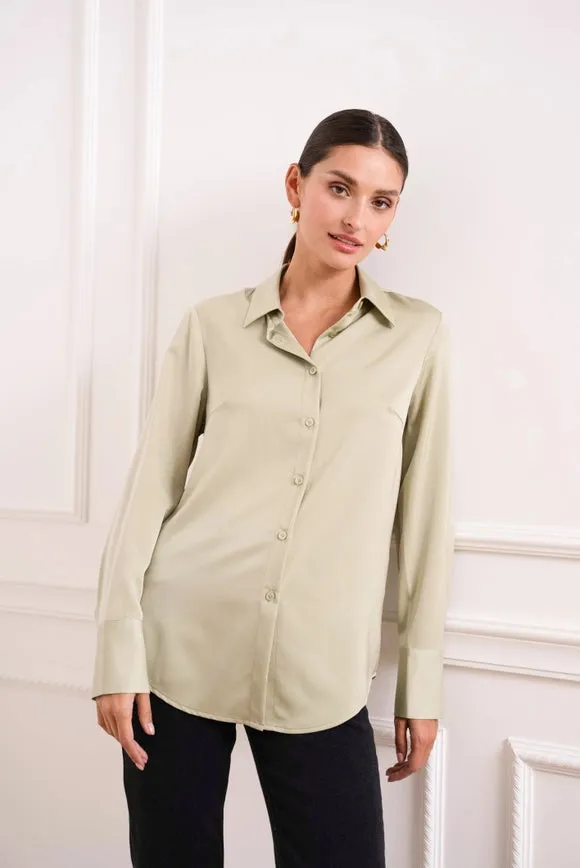 Plain Satin Shirt with Lapel Collar Water Green