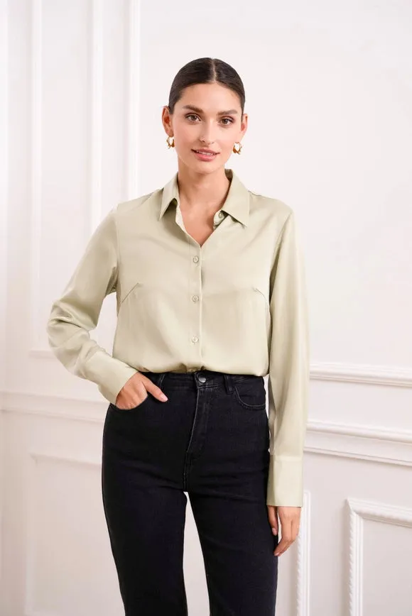 Plain Satin Shirt with Lapel Collar Water Green