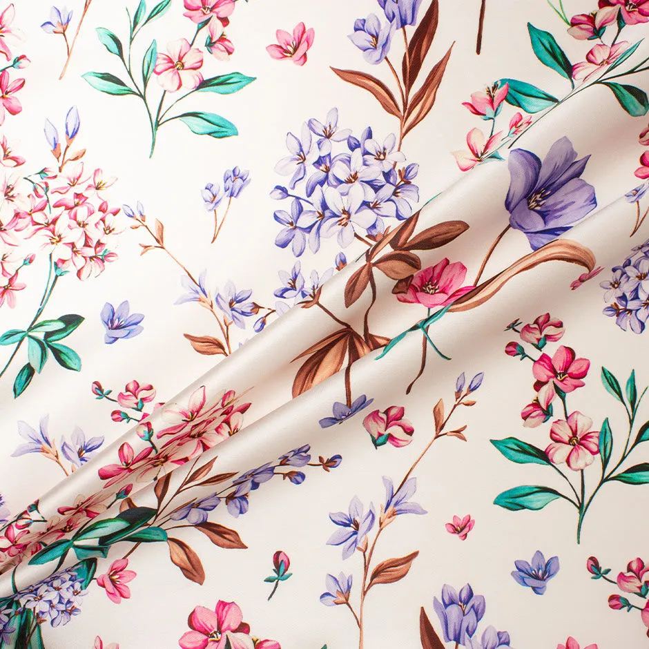 Pretty Floral Printed Ivory Silk Blend Mikado