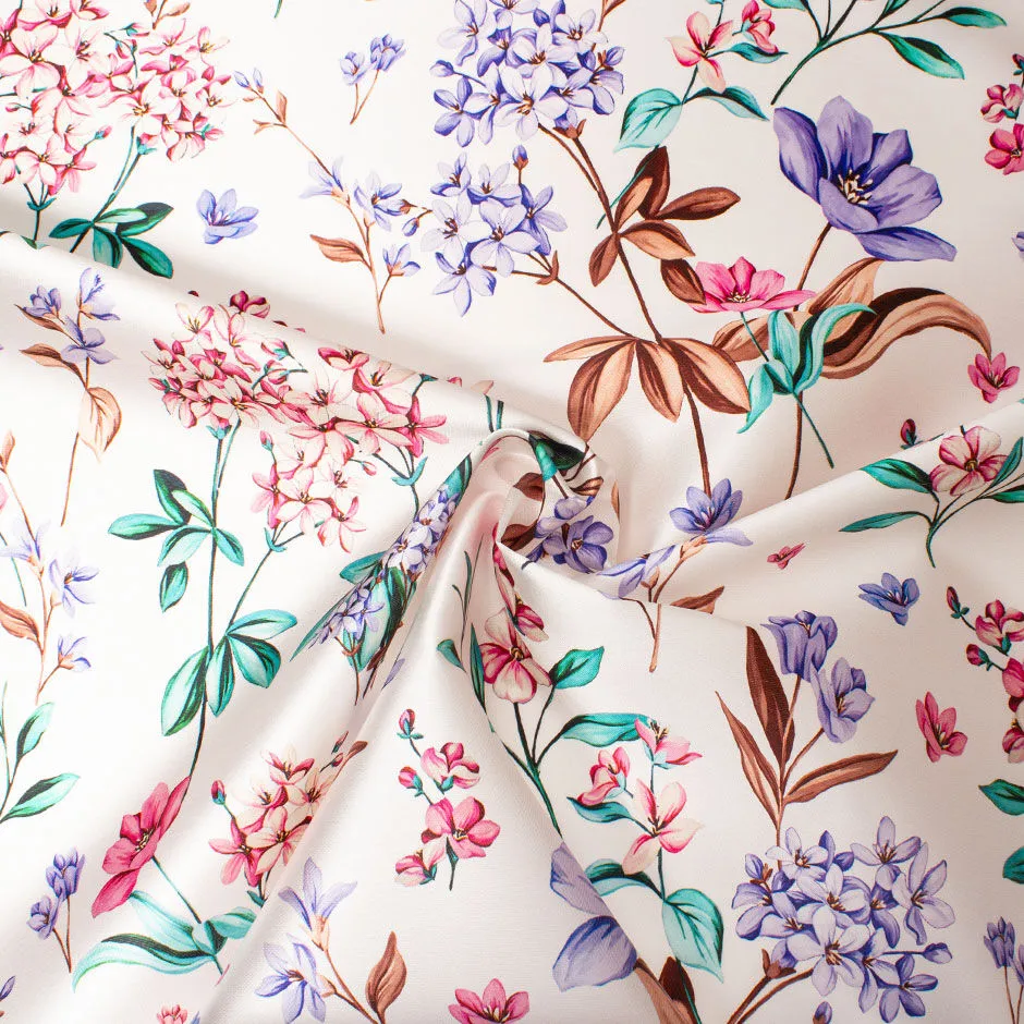 Pretty Floral Printed Ivory Silk Blend Mikado