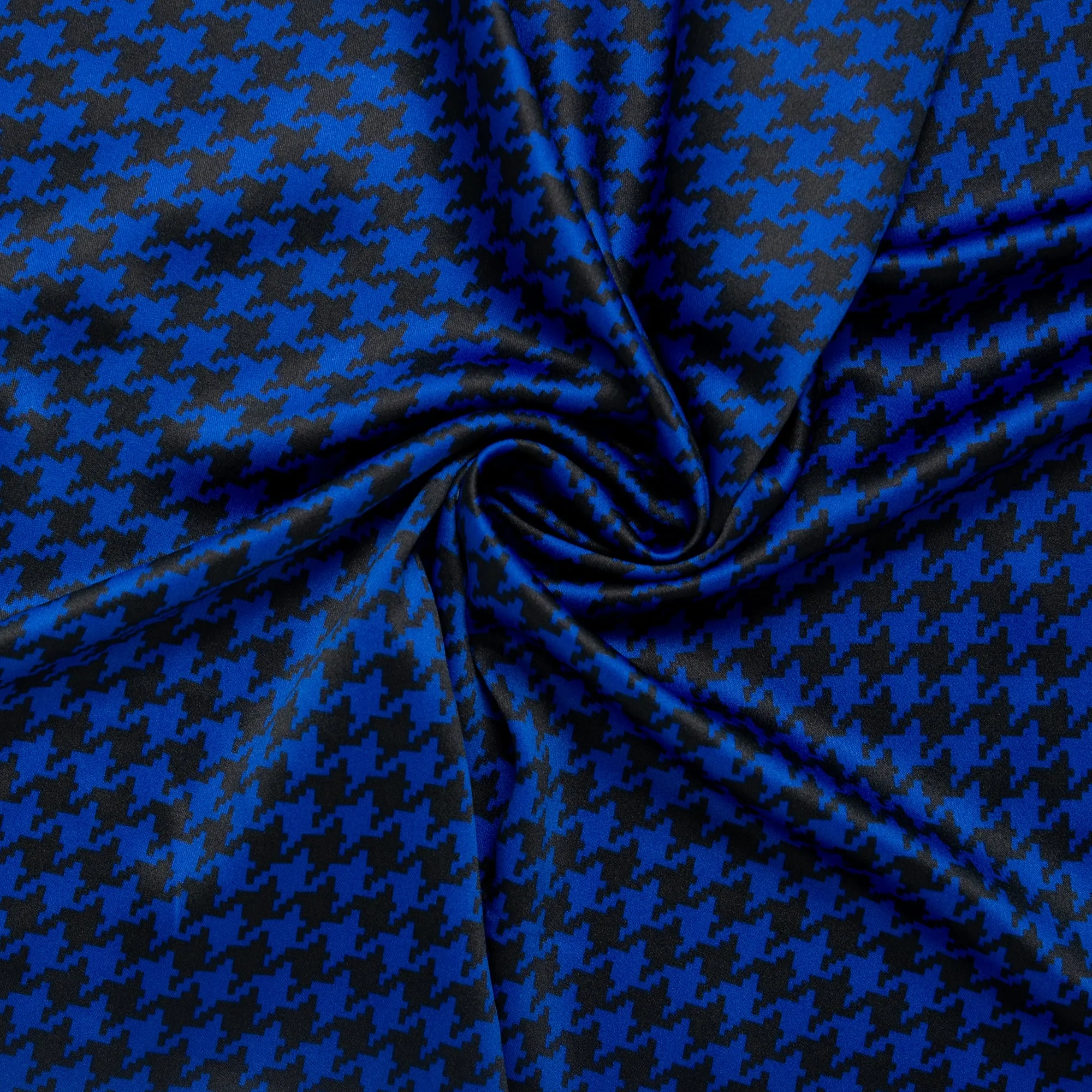 Printed Satin Velvet - CHARLOTTE - Houndstooth - Blue