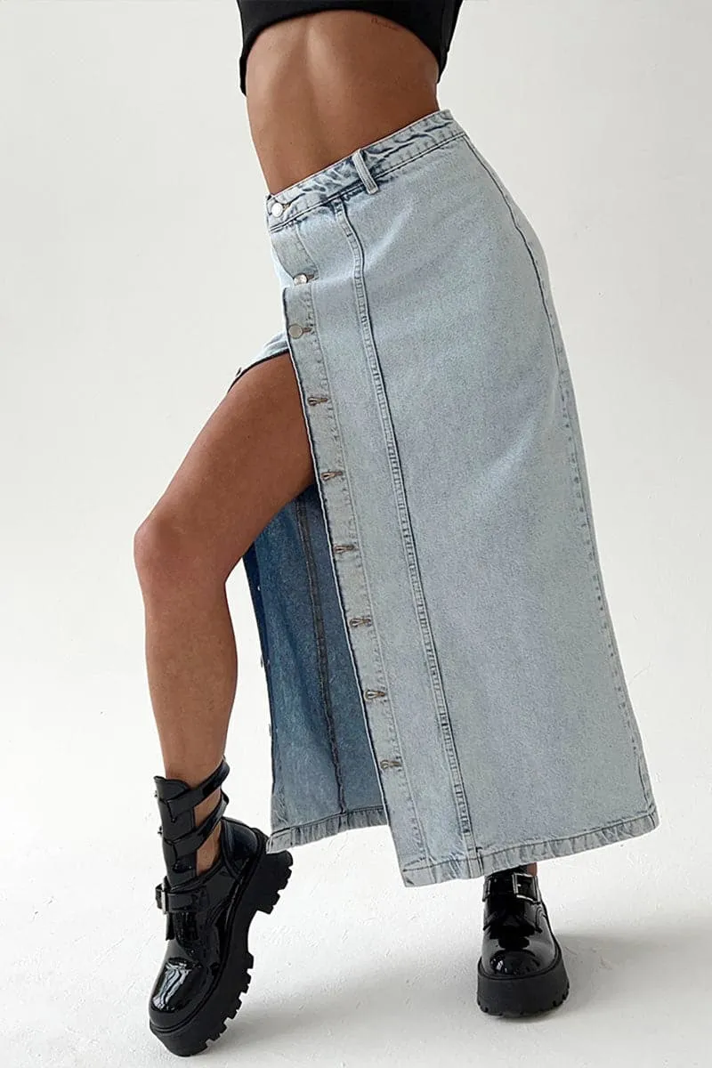 QC407 Button Down Denim Long Skirt