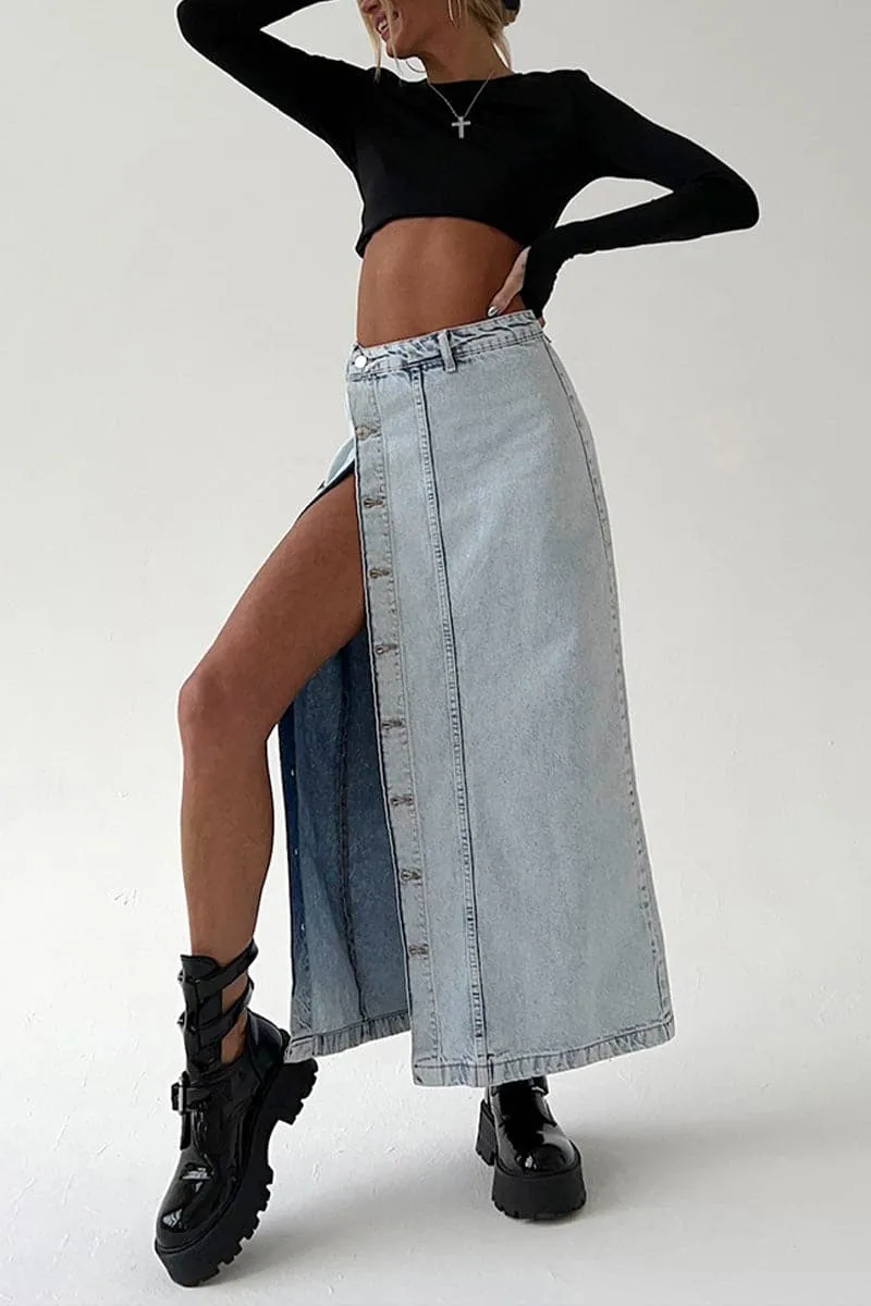 QC407 Button Down Denim Long Skirt