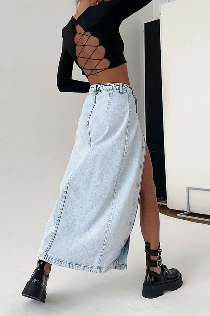 QC407 Button Down Denim Long Skirt