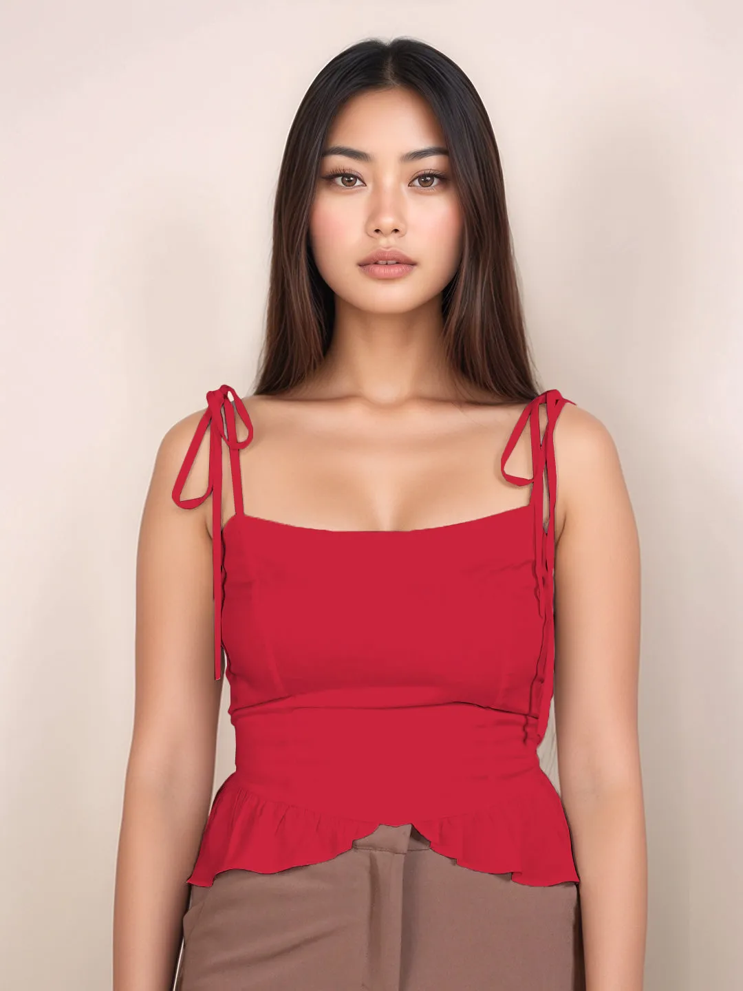 Red Solid Sleeveless Top