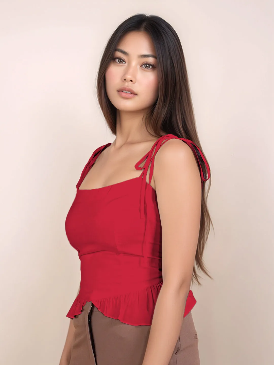 Red Solid Sleeveless Top