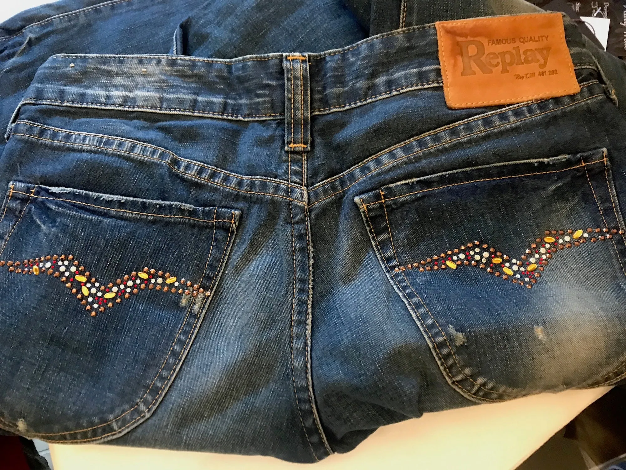 REPLAY Ladies Blue Jeans Gem Pockets Button Fly Low Rise W30" L34"