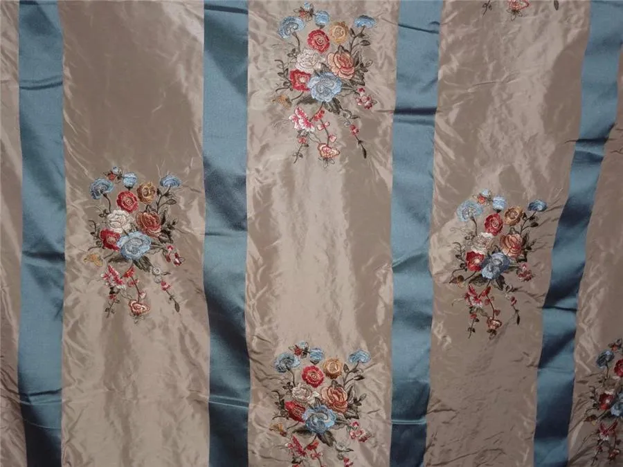 SILK TAFFETA CLOUDY BLUE X BEIGE SATIN STRIPE WITH MULTI COLOR EMBROIDERY TAF#E13