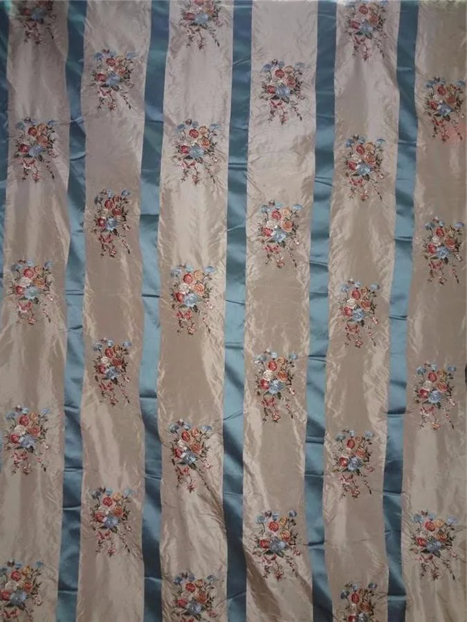 SILK TAFFETA CLOUDY BLUE X BEIGE SATIN STRIPE WITH MULTI COLOR EMBROIDERY TAF#E13