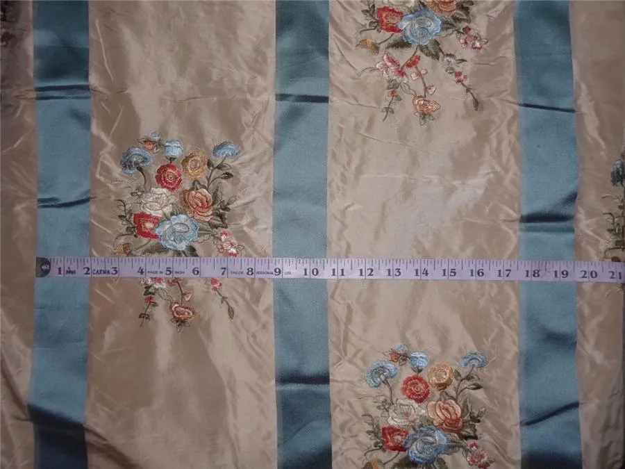 SILK TAFFETA CLOUDY BLUE X BEIGE SATIN STRIPE WITH MULTI COLOR EMBROIDERY TAF#E13