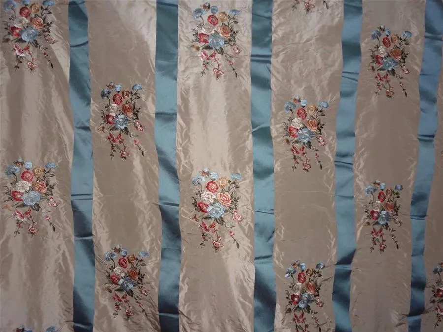 SILK TAFFETA CLOUDY BLUE X BEIGE SATIN STRIPE WITH MULTI COLOR EMBROIDERY TAF#E13