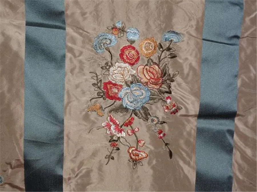 SILK TAFFETA CLOUDY BLUE X BEIGE SATIN STRIPE WITH MULTI COLOR EMBROIDERY TAF#E13