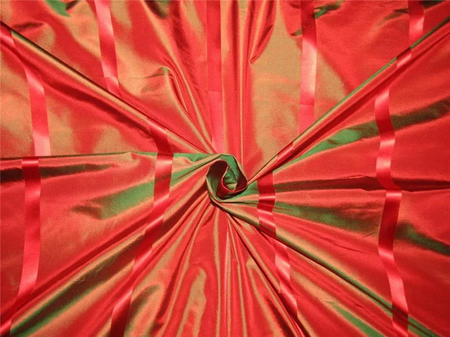 Silk Taffeta Fabric red x green satin stripes TAFS152[2] 54&quot; wide