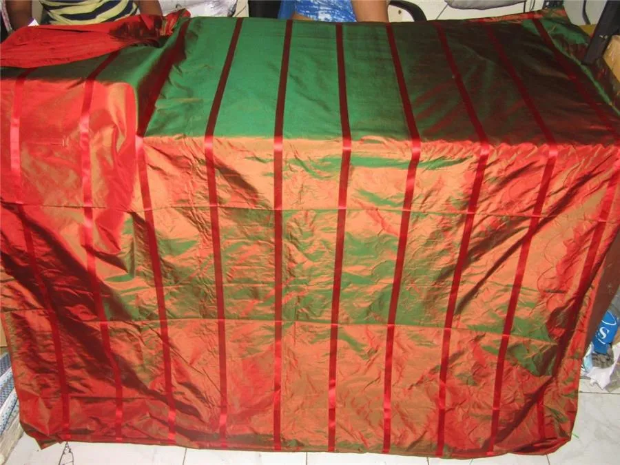 Silk Taffeta Fabric red x green satin stripes TAFS152[2] 54&quot; wide