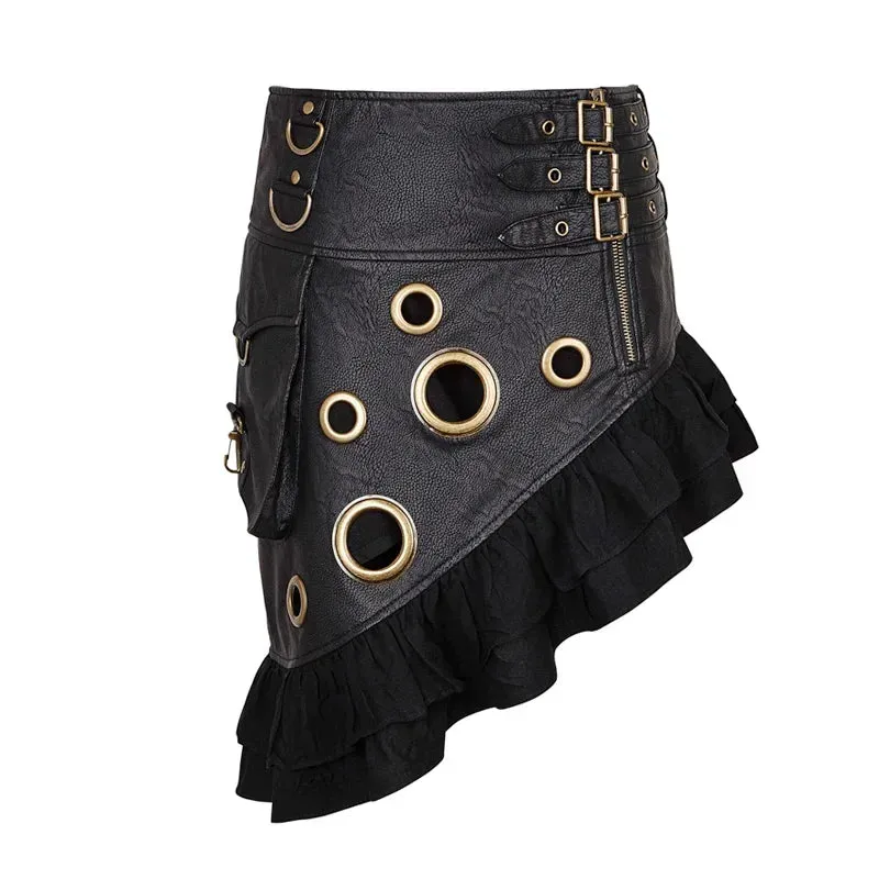 Steam Flounce Kilt Texture Coarse-grain PU Leather Symmetrical Rock Vintage Knee Length Party Skirt