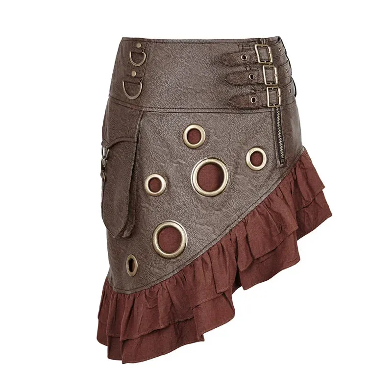 Steam Flounce Kilt Texture Coarse-grain PU Leather Symmetrical Rock Vintage Knee Length Party Skirt