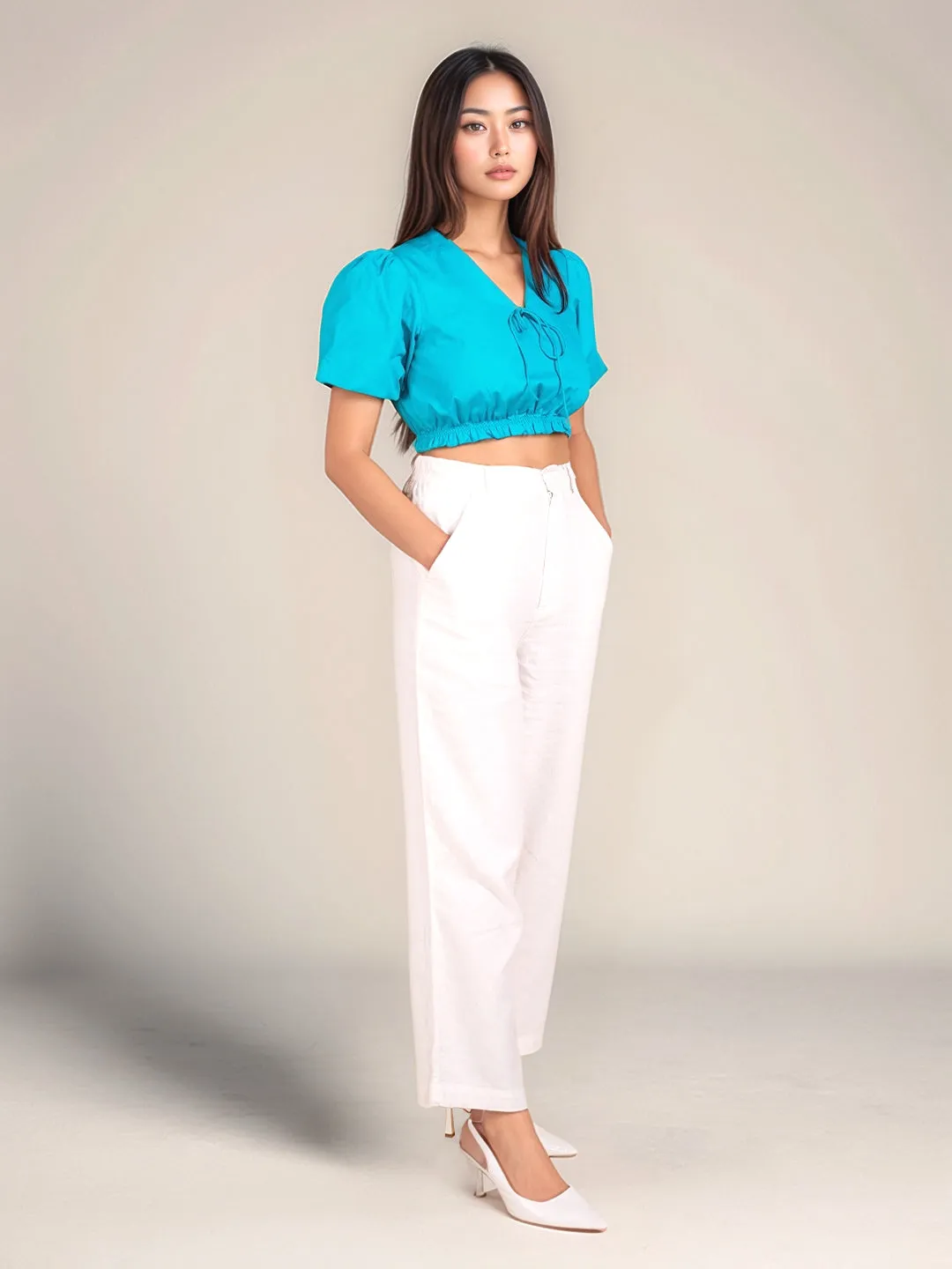 Teal Solid Short Sleeves Crop Top