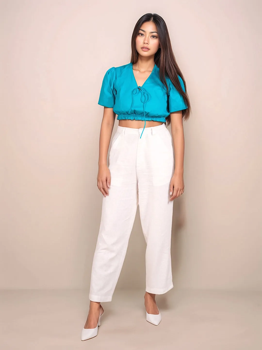 Teal Solid Short Sleeves Crop Top